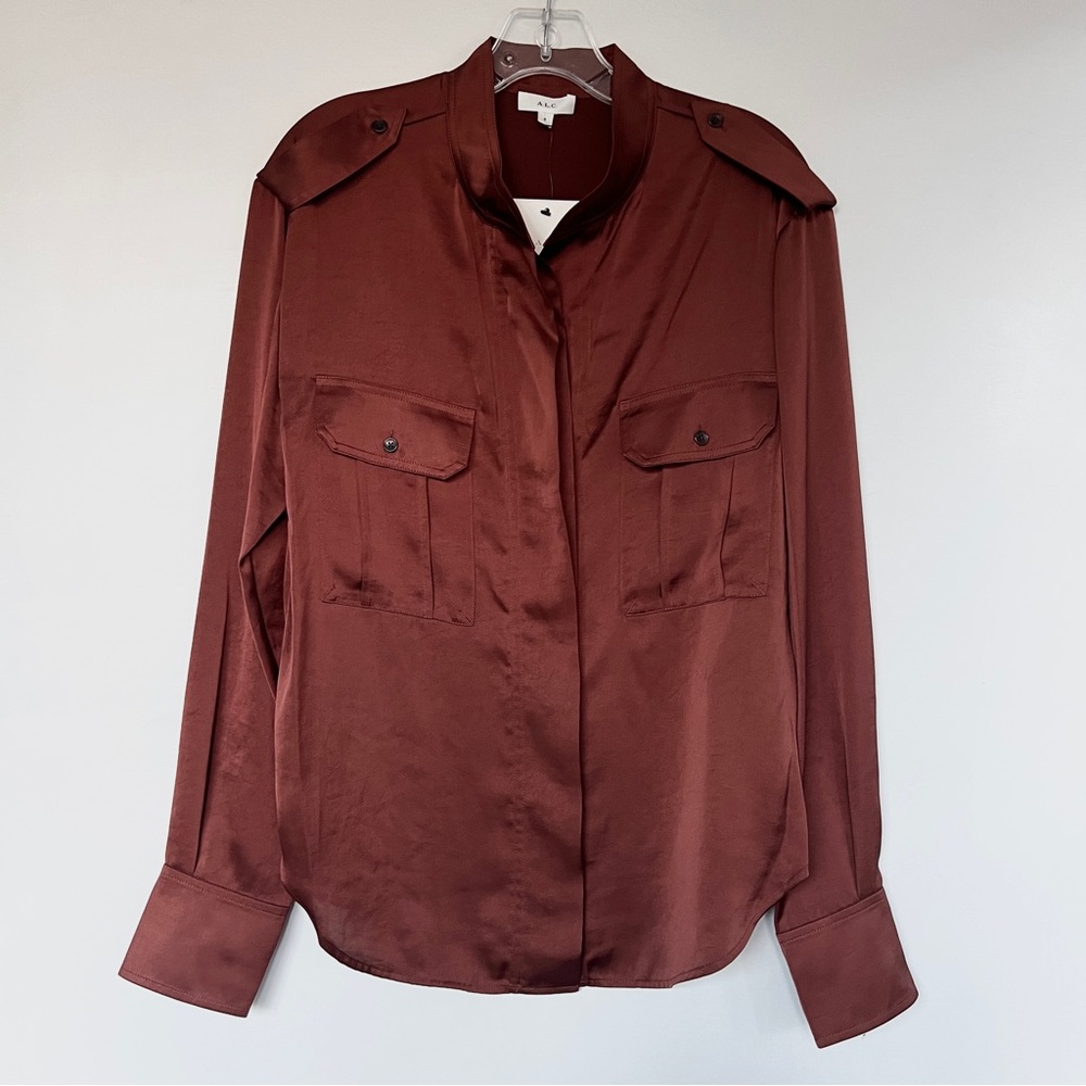 ALC burnt brown satin utilitarian military pocket button up blouse size 6